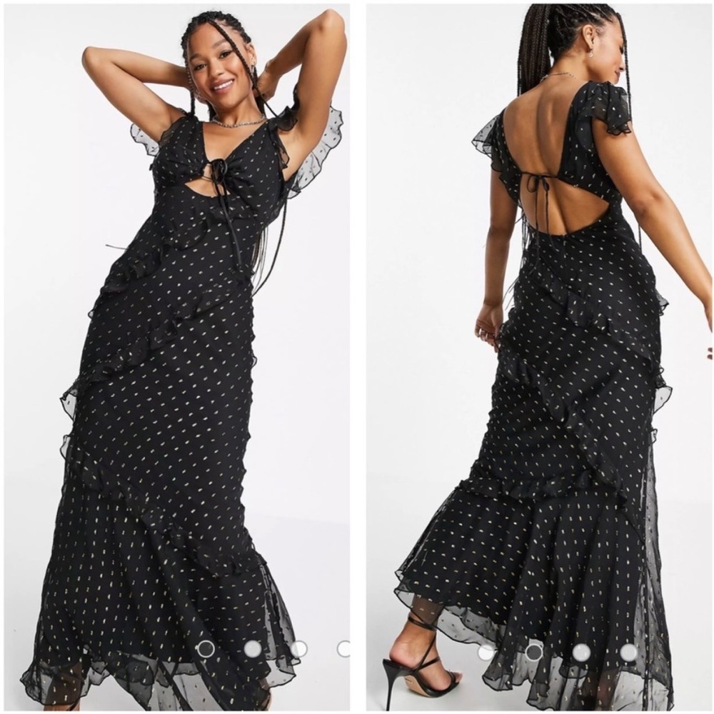 ASOS Design Bias Cut Ruffle Sleeve Maxi Tea Dress Gold Dot Size 14